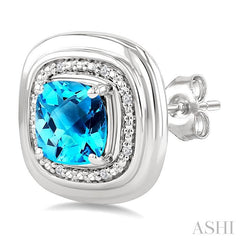 6 MM Cushion Shape Blue Topaz and 1/20 Ctw Round Cut Diamond Semi-Precious Earrings in Sterling Silver