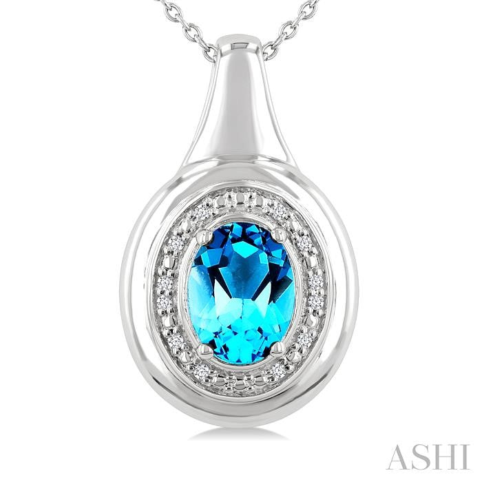 8X6 MM Oval Shape Blue Topaz and 1/20 Ctw Round Cut Diamond Semi-precious Pendant With Chain in Sterling Silver