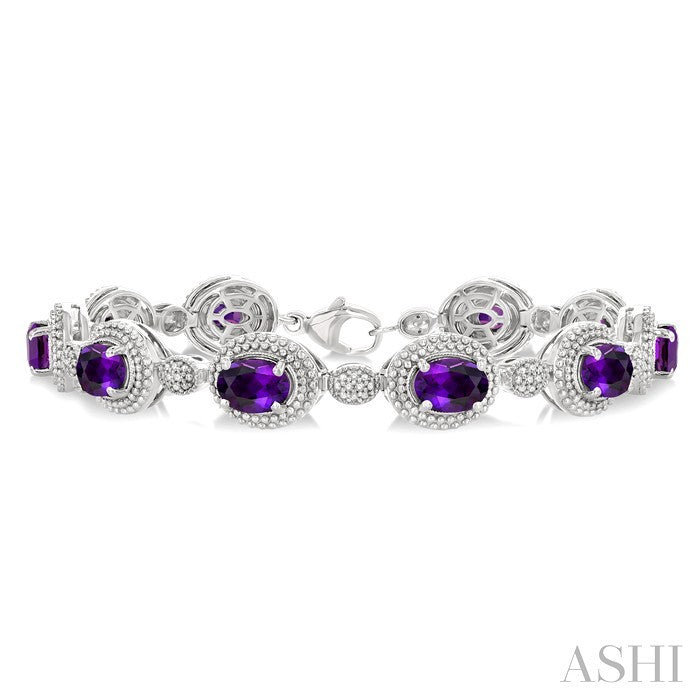 7X5 MM Oval Shape Amethyst and 1/10 Ctw Round Cut Diamond Semi-Precious Bracelet in Sterling Silver