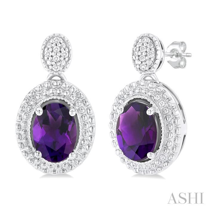 7X5 MM Oval Cut Amethyst and 1/20 Ctw Round Cut Diamond Semi-Precious Earring in Sterling Silver