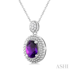 8X6 MM Oval Cut Amethyst and 1/20 Ctw Round Cut Diamond Semi-Precious Pendant With Chain in Sterling Silver