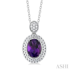8X6 MM Oval Cut Amethyst and 1/20 Ctw Round Cut Diamond Semi-Precious Pendant With Chain in Sterling Silver