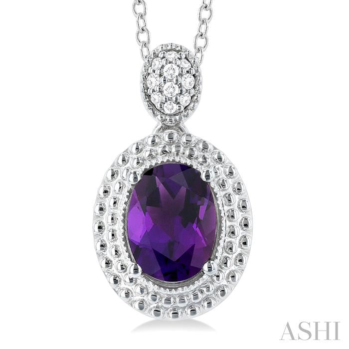 8X6 MM Oval Cut Amethyst and 1/20 Ctw Round Cut Diamond Semi-Precious Pendant With Chain in Sterling Silver