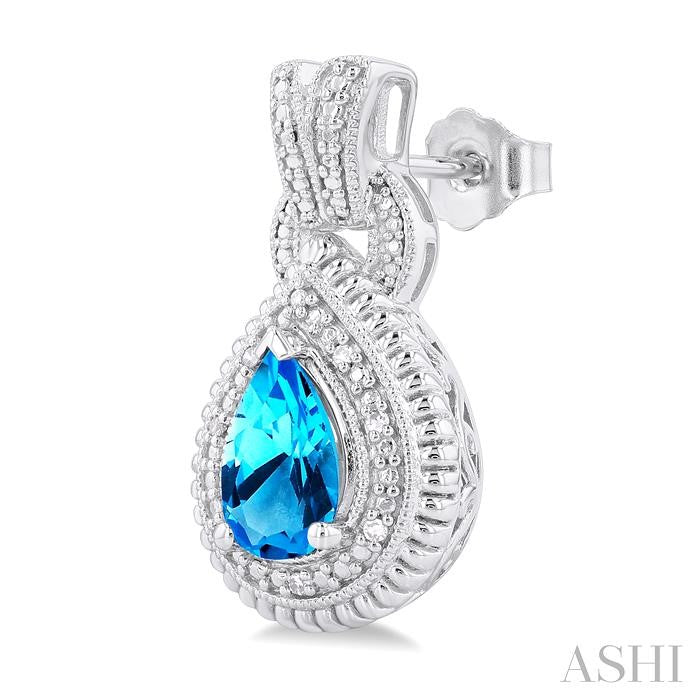 8X5 MM Pear Cut Blue Topaz and 1/20 Ctw Round Cut Diamond Semi-Precious Earring in Sterling Silver