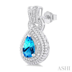 8X5 MM Pear Cut Blue Topaz and 1/20 Ctw Round Cut Diamond Semi-Precious Earring in Sterling Silver