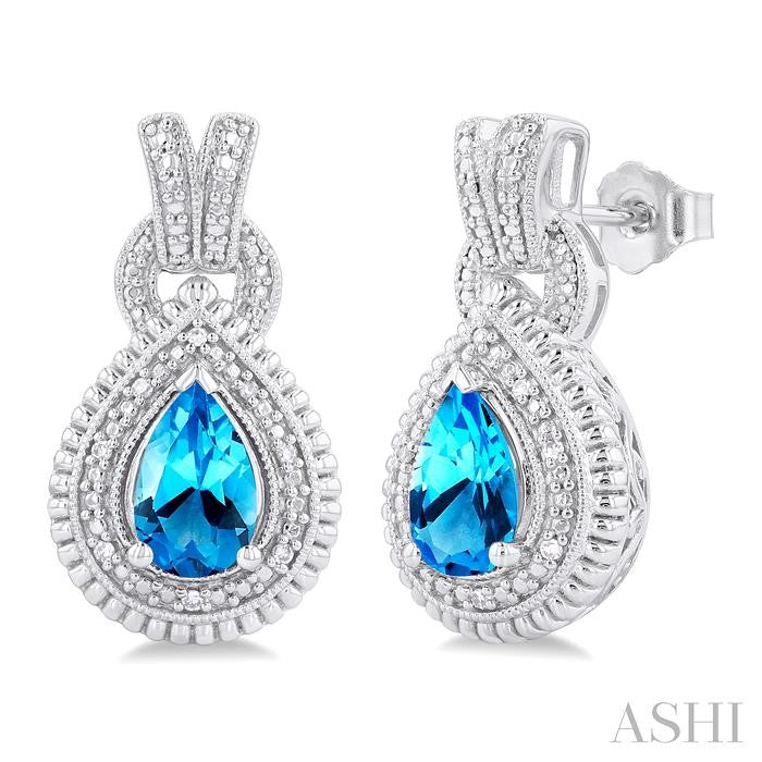 8X5 MM Pear Cut Blue Topaz and 1/20 Ctw Round Cut Diamond Semi-Precious Earring in Sterling Silver