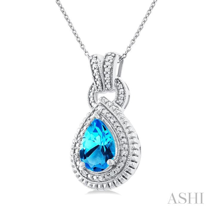 10X7 MM Pear Cut Blue Topaz and 1/20 Ctw Round Cut Diamond Semi-Precious Pendant With Chain in Sterling Silver