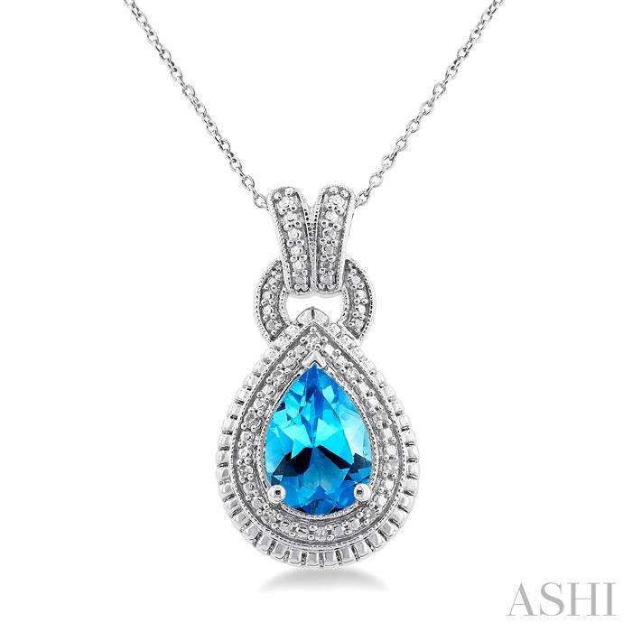 10X7 MM Pear Cut Blue Topaz and 1/20 Ctw Round Cut Diamond Semi-Precious Pendant With Chain in Sterling Silver