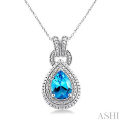 10X7 MM Pear Cut Blue Topaz and 1/20 Ctw Round Cut Diamond Semi-Precious Pendant With Chain in Sterling Silver