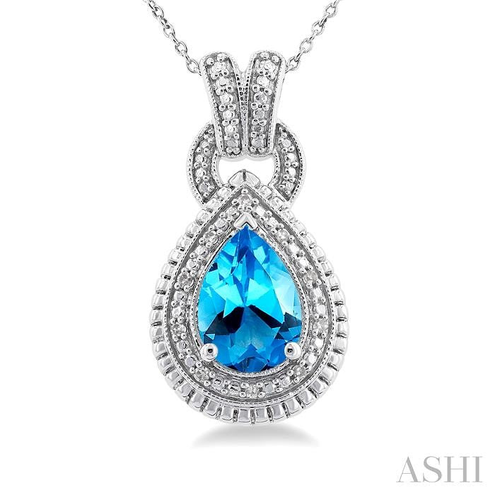10X7 MM Pear Cut Blue Topaz and 1/20 Ctw Round Cut Diamond Semi-Precious Pendant With Chain in Sterling Silver