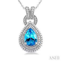 10X7 MM Pear Cut Blue Topaz and 1/20 Ctw Round Cut Diamond Semi-Precious Pendant With Chain in Sterling Silver