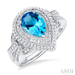 10X7 MM Pear Cut Blue Topaz and 1/20 Ctw Round Cut Diamond Semi-Precious Ring in Sterling Silver