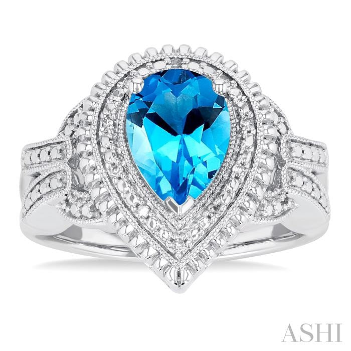 10X7 MM Pear Cut Blue Topaz and 1/20 Ctw Round Cut Diamond Semi-Precious Ring in Sterling Silver
