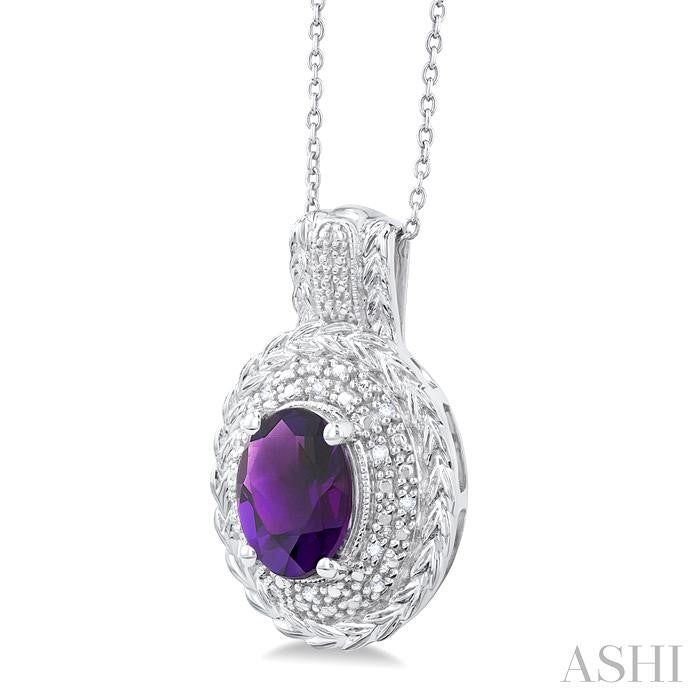 9X7 MM Oval Cut Amethyst and 1/20 Ctw Round Cut Diamond Semi-Precious Pendant With Chain in Sterling Silver