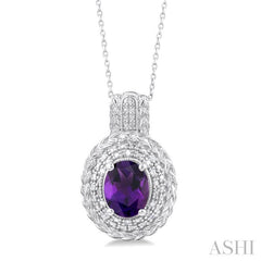 9X7 MM Oval Cut Amethyst and 1/20 Ctw Round Cut Diamond Semi-Precious Pendant With Chain in Sterling Silver
