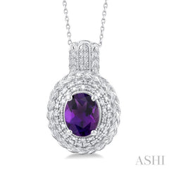9X7 MM Oval Cut Amethyst and 1/20 Ctw Round Cut Diamond Semi-Precious Pendant With Chain in Sterling Silver