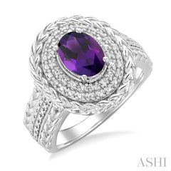 9X7 MM Oval Cut Amethyst and 1/20 Ctw Round Cut Diamond Semi-Precious Ring in Sterling Silver