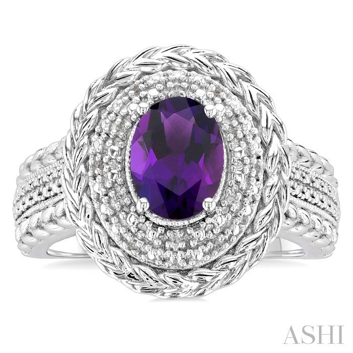 9X7 MM Oval Cut Amethyst and 1/20 Ctw Round Cut Diamond Semi-Precious Ring in Sterling Silver