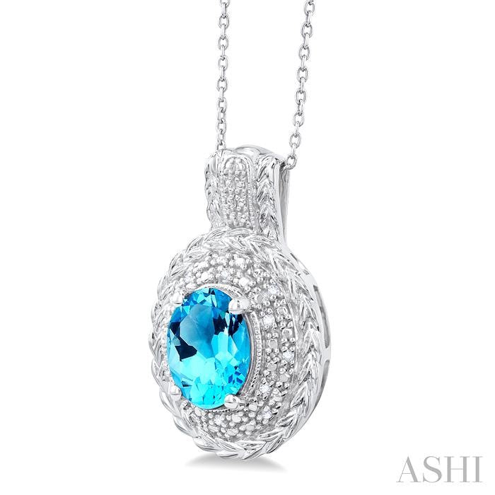 9X7 MM Oval Cut Blue Topaz and 1/20 Ctw Round Cut Diamond Semi-Precious Pendant With Chain in Sterling Silver
