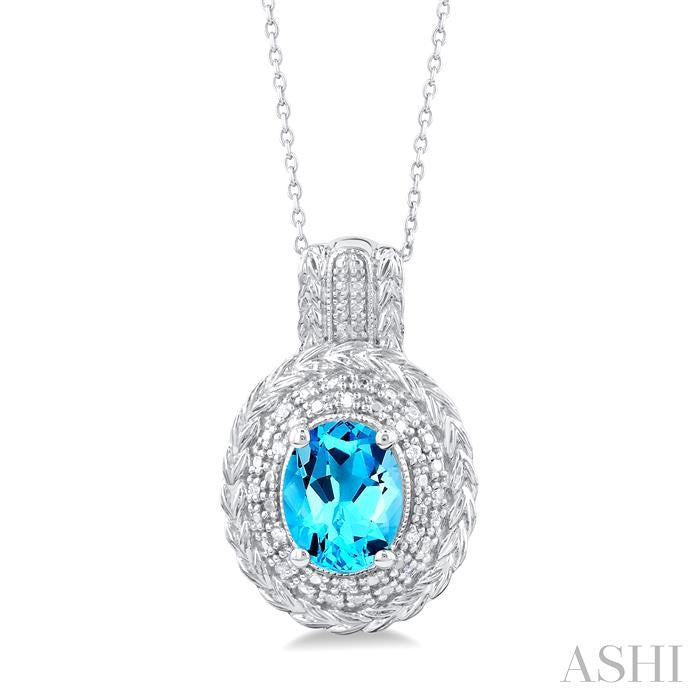9X7 MM Oval Cut Blue Topaz and 1/20 Ctw Round Cut Diamond Semi-Precious Pendant With Chain in Sterling Silver