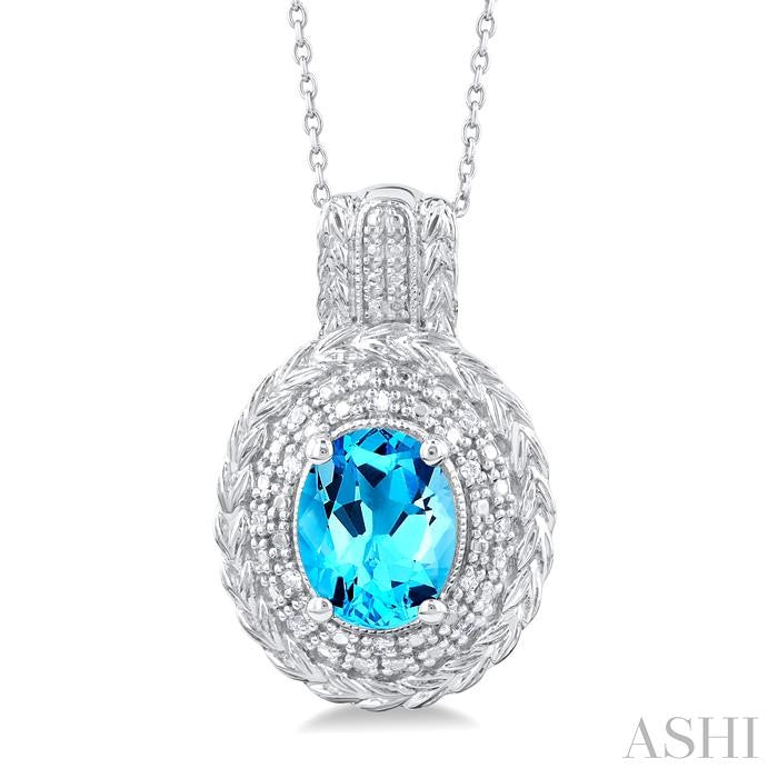9X7 MM Oval Cut Blue Topaz and 1/20 Ctw Round Cut Diamond Semi-Precious Pendant With Chain in Sterling Silver