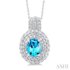 9X7 MM Oval Cut Blue Topaz and 1/20 Ctw Round Cut Diamond Semi-Precious Pendant With Chain in Sterling Silver
