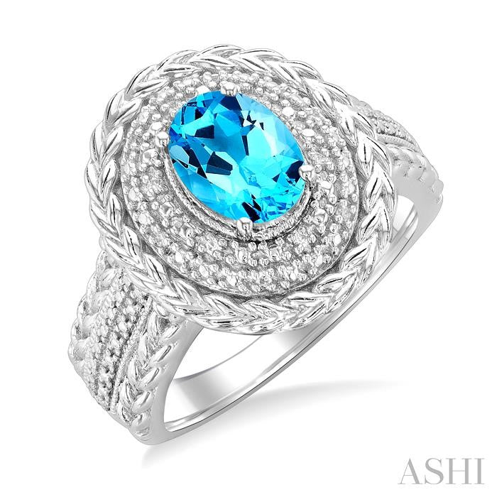 9X7 MM Oval Cut Blue Topaz and 1/20 Ctw Round Cut Diamond Semi-Precious Ring in Sterling Silver