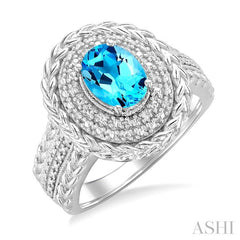 9X7 MM Oval Cut Blue Topaz and 1/20 Ctw Round Cut Diamond Semi-Precious Ring in Sterling Silver
