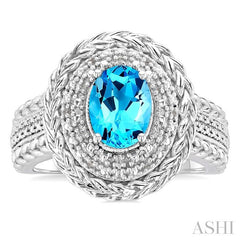 9X7 MM Oval Cut Blue Topaz and 1/20 Ctw Round Cut Diamond Semi-Precious Ring in Sterling Silver