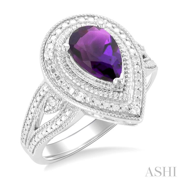 1/20 Ctw Pear Cut 9X6 MM Amethyst and Round Cut Diamond Semi-Precious Ring in Sterling Silver
