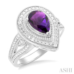 1/20 Ctw Pear Cut 9X6 MM Amethyst and Round Cut Diamond Semi-Precious Ring in Sterling Silver