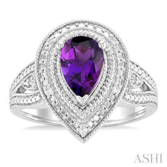1/20 Ctw Pear Cut 9X6 MM Amethyst and Round Cut Diamond Semi-Precious Ring in Sterling Silver