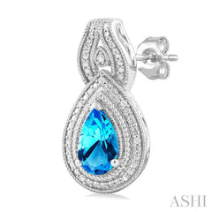 8X5 MM Pear Cut Blue Topaz and 1/20 Ctw Round Cut Diamond Semi-Precious Earring in Sterling Silver