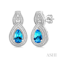 8X5 MM Pear Cut Blue Topaz and 1/20 Ctw Round Cut Diamond Semi-Precious Earring in Sterling Silver