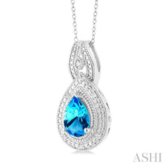 9X6 MM Pear Cut Blue Topaz and 1/20 Ctw Round Cut Diamond Split Loop Semi-Precious Pendant With Chain in Sterling Silver