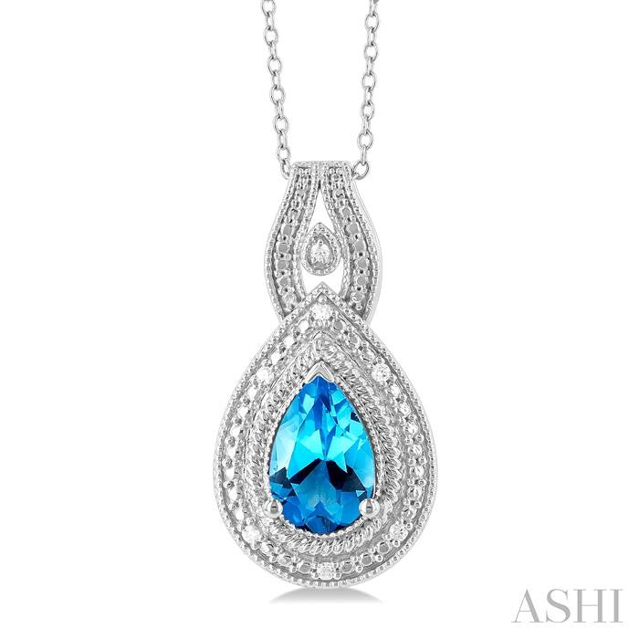 9X6 MM Pear Cut Blue Topaz and 1/20 Ctw Round Cut Diamond Split Loop Semi-Precious Pendant With Chain in Sterling Silver