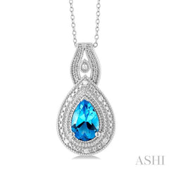 9X6 MM Pear Cut Blue Topaz and 1/20 Ctw Round Cut Diamond Split Loop Semi-Precious Pendant With Chain in Sterling Silver