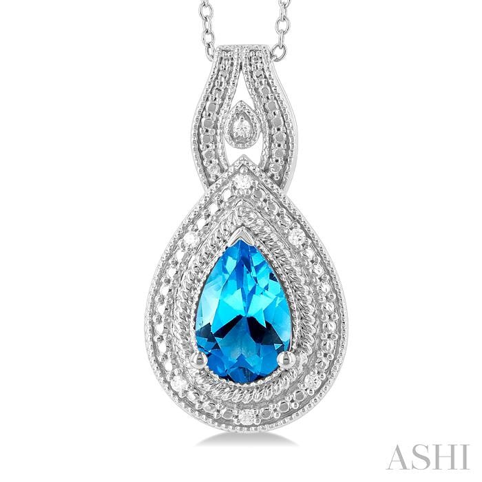 9X6 MM Pear Cut Blue Topaz and 1/20 Ctw Round Cut Diamond Split Loop Semi-Precious Pendant With Chain in Sterling Silver