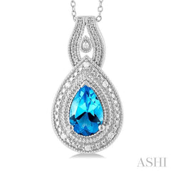 9X6 MM Pear Cut Blue Topaz and 1/20 Ctw Round Cut Diamond Split Loop Semi-Precious Pendant With Chain in Sterling Silver