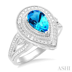 1/20 Ctw Pear Cut 9X6 MM Blue Topaz and Round Cut Diamond Semi-Precious Ring in Sterling Silver