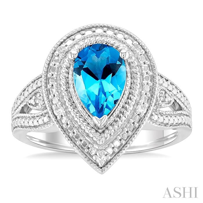 1/20 Ctw Pear Cut 9X6 MM Blue Topaz and Round Cut Diamond Semi-Precious Ring in Sterling Silver