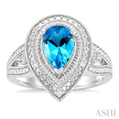 1/20 Ctw Pear Cut 9X6 MM Blue Topaz and Round Cut Diamond Semi-Precious Ring in Sterling Silver
