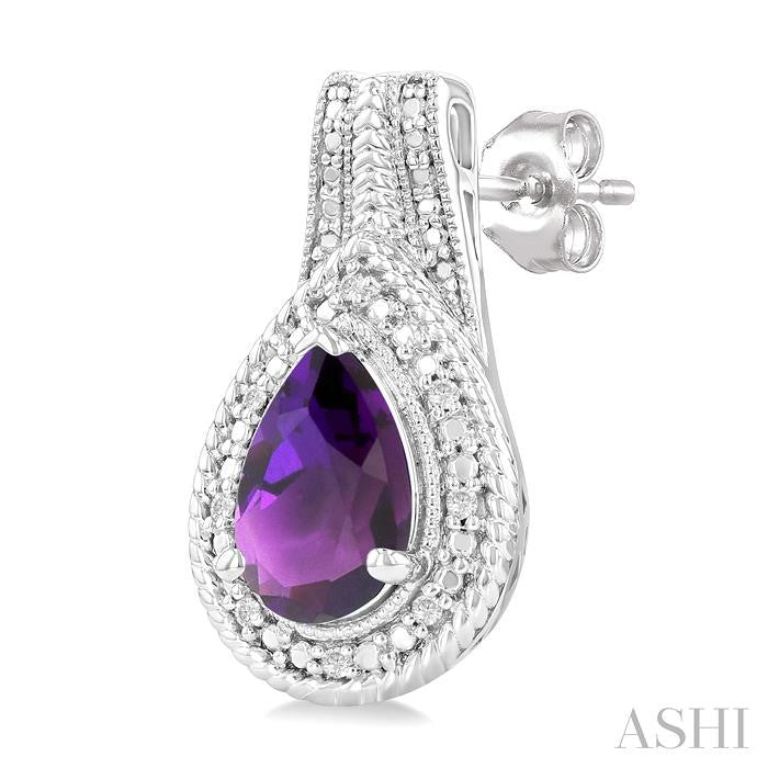 8X5 MM Pear Shape Amethyst and 1/20 Ctw Diamond Semi-Precious Earrings in Sterling Silver