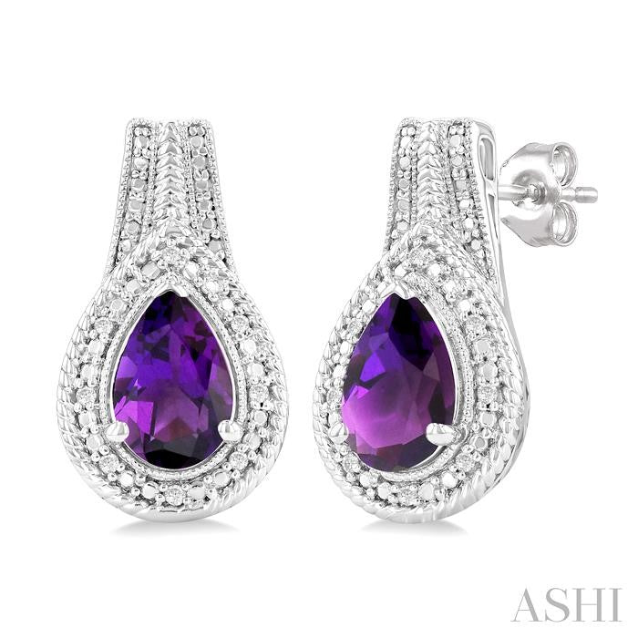 8X5 MM Pear Shape Amethyst and 1/20 Ctw Diamond Semi-Precious Earrings in Sterling Silver