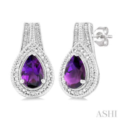 8X5 MM Pear Shape Amethyst and 1/20 Ctw Diamond Semi-Precious Earrings in Sterling Silver
