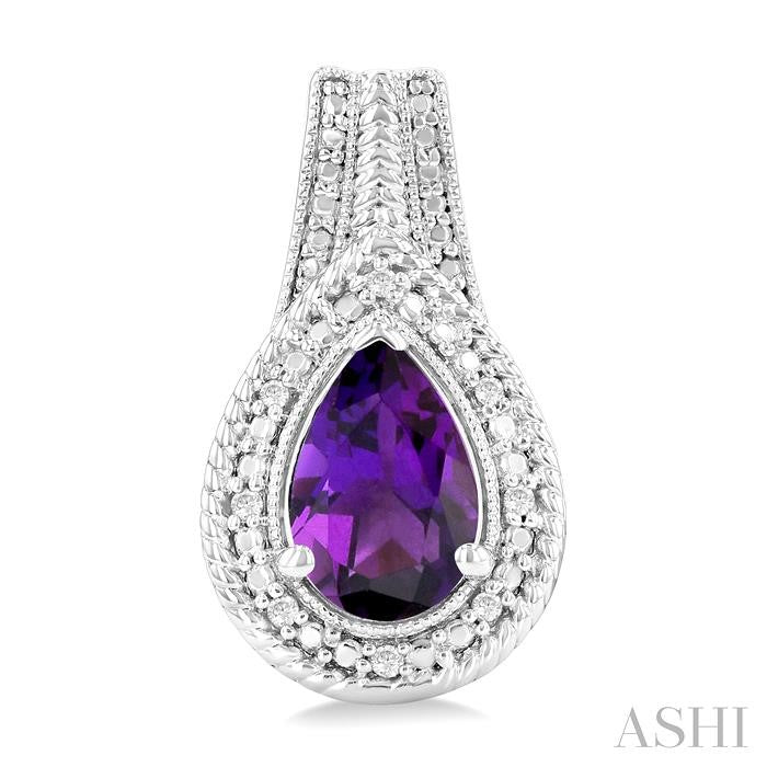 8X5 MM Pear Shape Amethyst and 1/20 Ctw Diamond Semi-Precious Earrings in Sterling Silver
