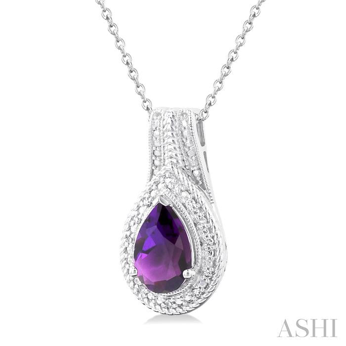 9X6 MM Pear Cut Amethyst and 1/20 Ctw Round Cut Diamond Waterfall Loop Semi-Precious Pendant With Chain in Sterling Silver