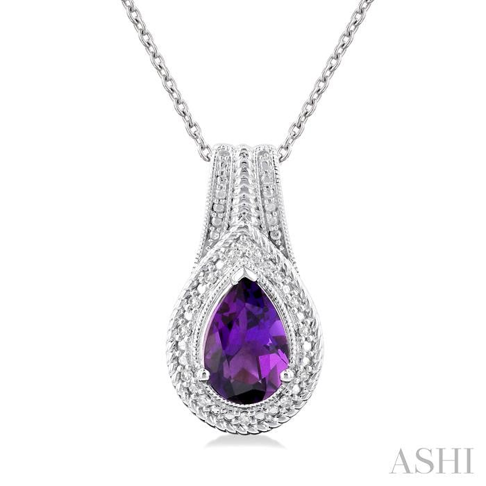 9X6 MM Pear Cut Amethyst and 1/20 Ctw Round Cut Diamond Waterfall Loop Semi-Precious Pendant With Chain in Sterling Silver