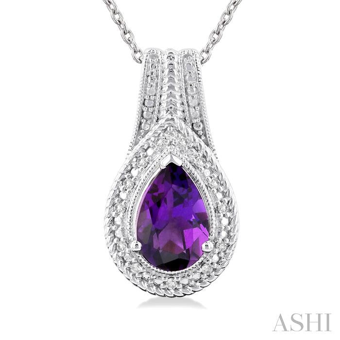 9X6 MM Pear Cut Amethyst and 1/20 Ctw Round Cut Diamond Waterfall Loop Semi-Precious Pendant With Chain in Sterling Silver