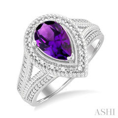 1/20 Ctw Pear Cut 9X6 MM Amethyst and Round Cut Diamond Semi-Precious Ring in Sterling Silver